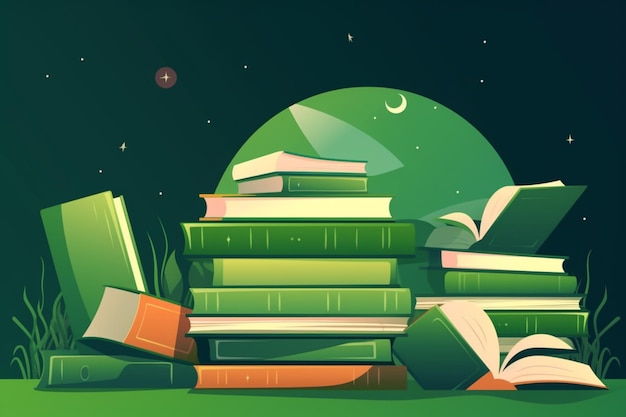 Stos książek z zielonym tłem i napisem na górze.