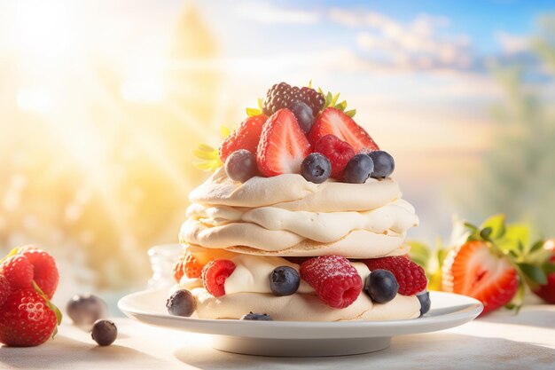 Stos meringue z jagodami na słonecznym tle Meringue deser Pavlova ciasto Generatywne AI