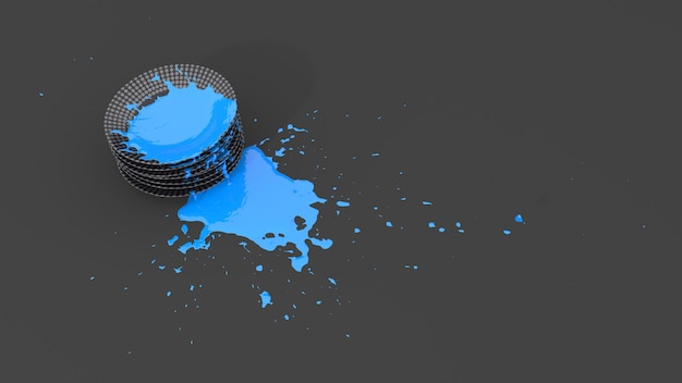 Stos płytek pokryty niebieską farbą w postaci kleksa, ilustracja 3d