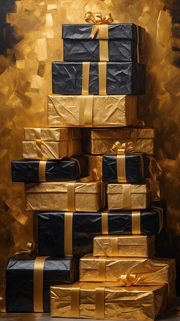 Zdjęcie stos prezentów zawiniętych w złoto i czarne luksusowe prezenty złota wstążka deluxe party tło