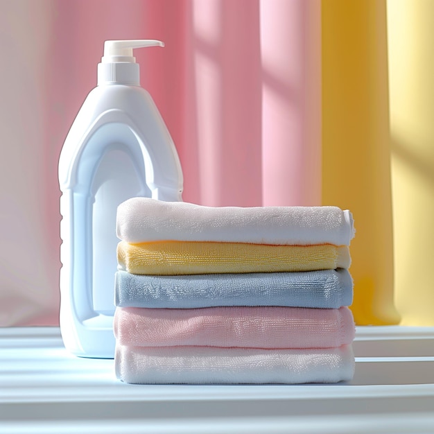 stos ręczników do prania z białą butelką detergentu do prania