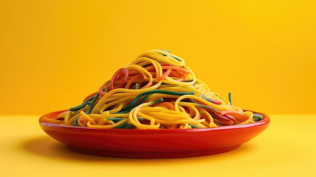 Stos spaghetti na czerwonym talerzu