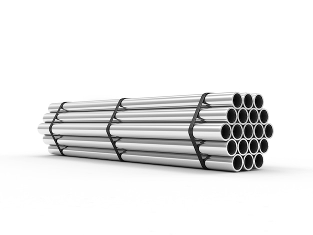 Stos stalowych rur metalowych na białym tle