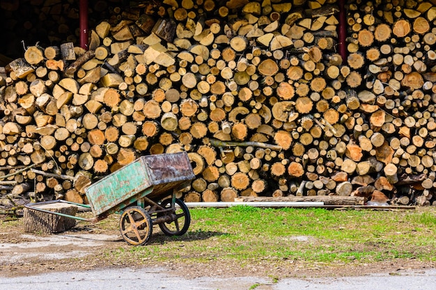 Stos ułożonego drewna opałowego na podwórku przygotowany do ogrzewania domu