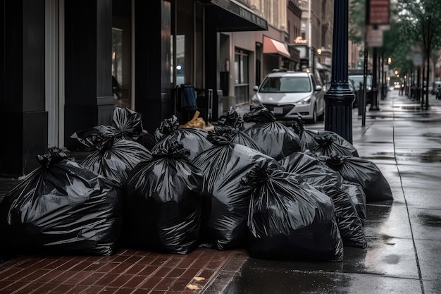 Stos worków na śmieci przepełniony na chodniku miasta Generacyjna sztuczna inteligencja