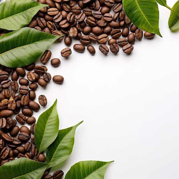 Zdjęcie stos ziaren kawy z liśćmi na białym tle