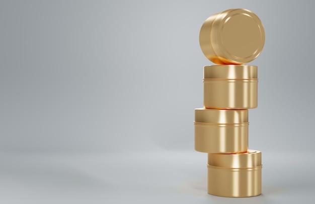 Stos złotego pojemnika makieta blaszanego pudełka na beżowym tle Świeca podróżna renderowania 3D może szablon do brandingu