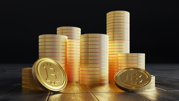 Stos złotych bitcoinów na drewnianym tle Render 3D Technologia waluty BTC