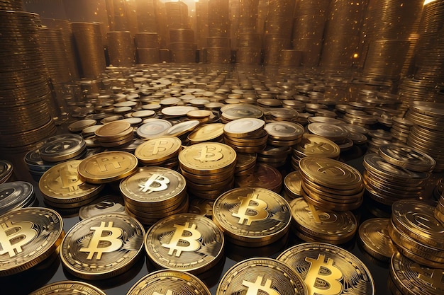 Stos złotych monet i tło pieniędzy bitcoin