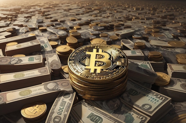 Stos złotych monet i tło pieniędzy bitcoin