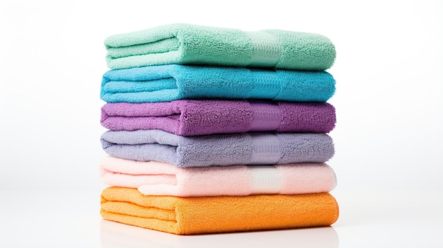 Zdjęcie stos złożonych ręczników kolorowe pudełka na białym tle