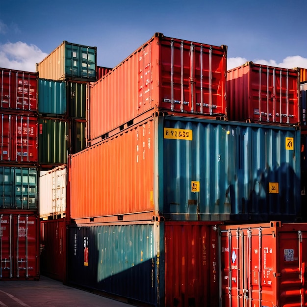 Zdjęcie stosowane kolorowe metalowe kontenery towarowe używane do transportu i przechowywania w logistyce żeglugowej w