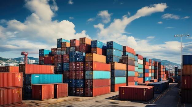 stosy kontenerów towarowych w stoczni portowej