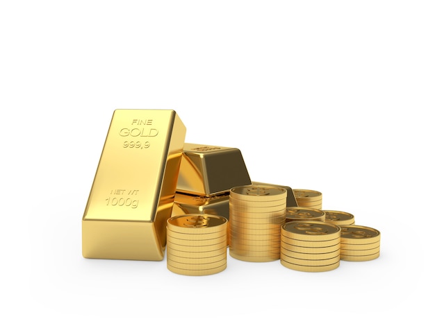 Stosy monet bitcoin i sztabek złota