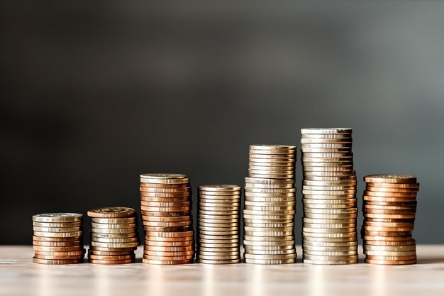 Stosy monet oszczędnościowych ułożone w kolejności na drewnianym stole roboczym lub wysokich monetach górują nad bogactwem