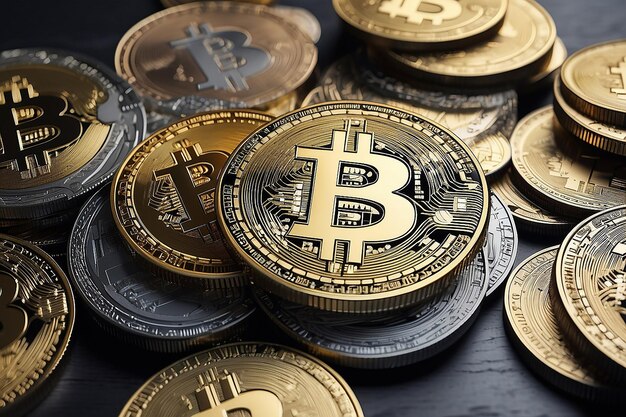 Stosy monet z symbolem kryptowaluty bitcoin