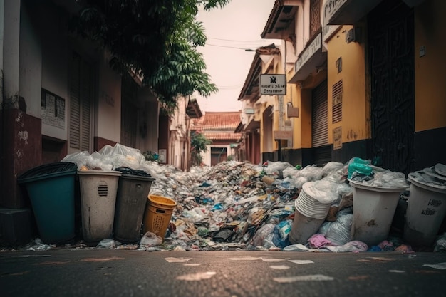 Stosy śmieci i śmieci na ulicy z powodu niewystarczającego zbierania przepełnionych śmieci
