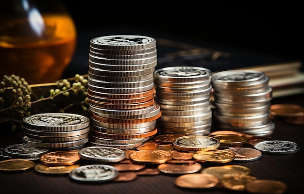 Stosy srebrnych monet na stole dla pomysłu na biznes i finanse z ciemnym tłem