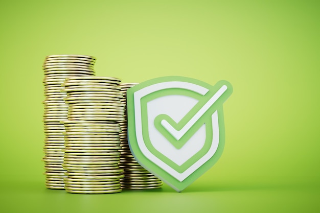 Zdjęcie stosy ubezpieczenia konta bankowego monet i ikona ochrony na zielonym tle renderowania 3d
