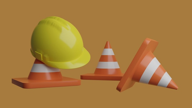 Stożki drogowe z twardym kapeluszem 3d ilustracja na pomarańczowym tle