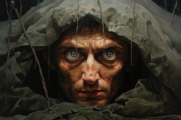 Zdjęcie strach przed wojskowym horrorem w oczach człowieka strach przed wojną portret armii z brudną twarzą w lesie ai wygenerował