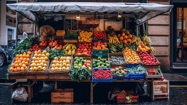 Stragan z owocami i warzywami reprezentujący handel lokalny wygenerowany przez sztuczną inteligencję