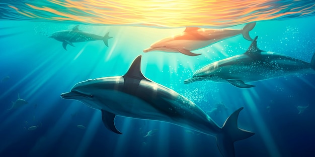 Strąki delfinów pływających w oceanie ze światłem słonecznym filtrującym wodę i rybami pływającymi wokół nich Generacyjna sztuczna inteligencja