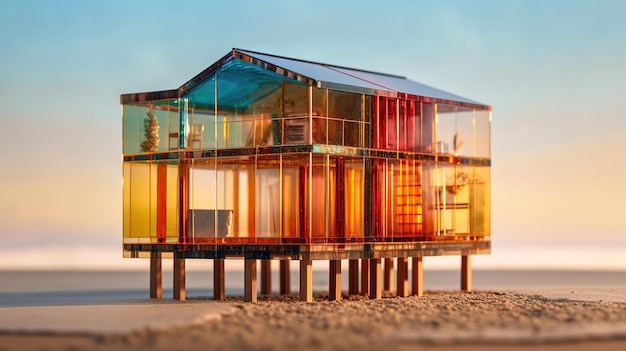 Strandhaus aus Glas und Holz am Strand Generative Ai