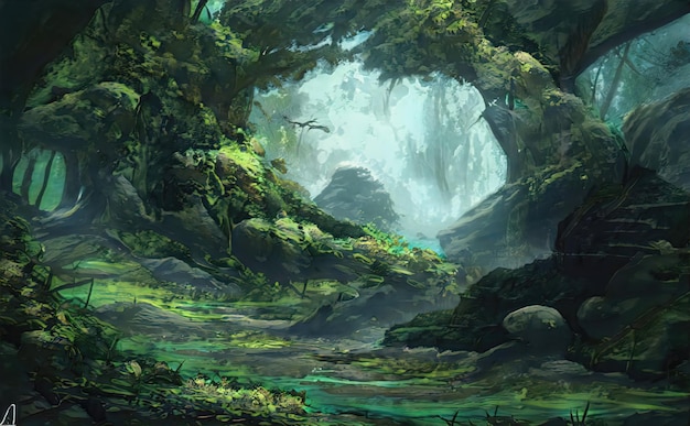 Straszna bajka mistyczny las Skręcone przerażające drzewa magiczny leśny krajobraz Drzewa graficzne w pobliżu ścieżki Niesamowita przyroda leśnej doliny