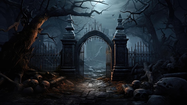 Straszna brama cmentarna Przerażające tło Halloween z projektem graficznym Sztuka grobowej bramy w szerokości
