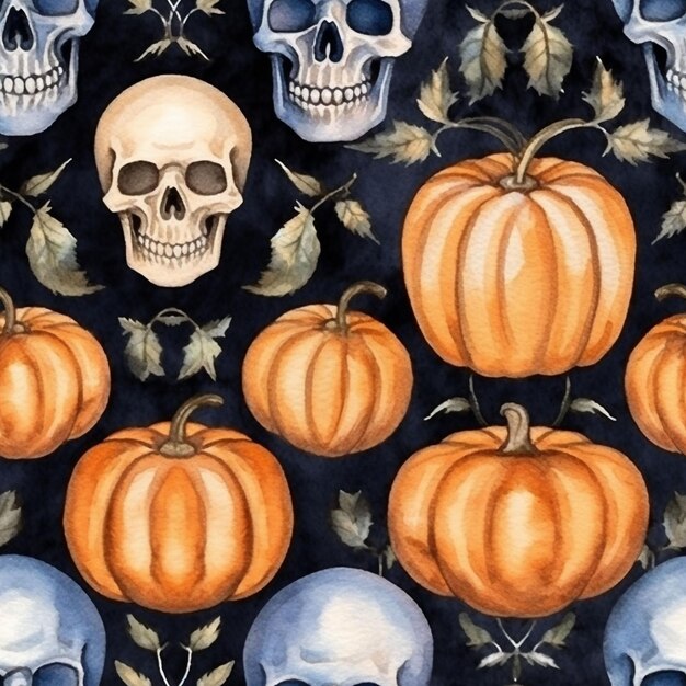 Straszna czaszka Halloween z pomarańczową dynią