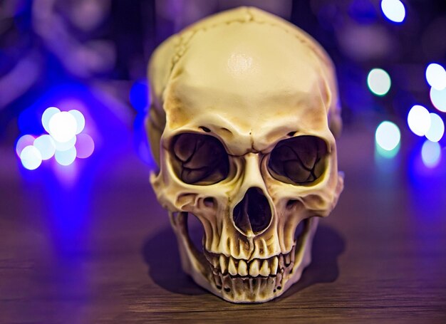 Zdjęcie straszna czaszka ze światłami w tle okropna