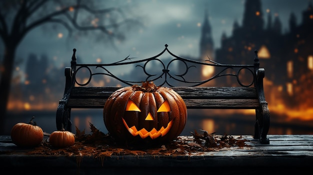 Straszna Halloweenowa dynia Jack i latarnia zła twarz i oczy na drewnianej ławce Generative AI