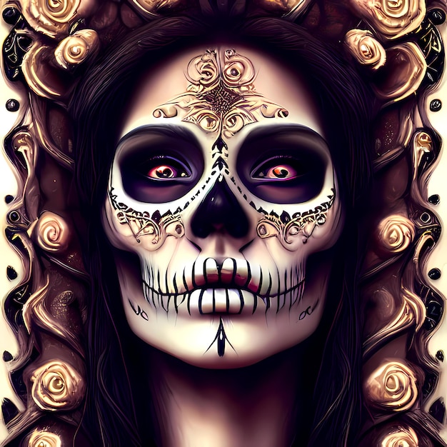 Zdjęcie straszna kobieta z twarzą cukrowej czaszki ozdobioną na halloween