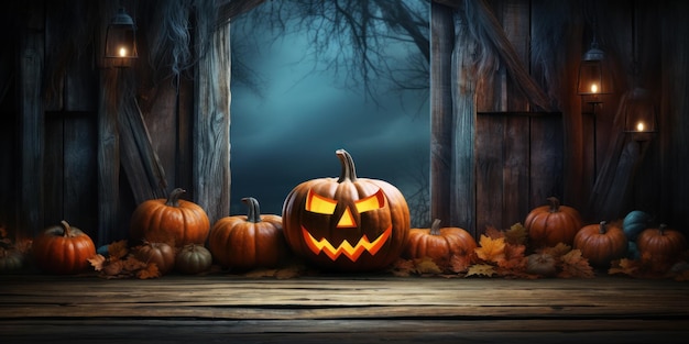 Straszna latarnia dyniowa w stodole w noc Halloween na tle drewna generatywna AI Straszna scena ze starymi drewnianymi deskami na Halloween Halloween i koncepcja horroru