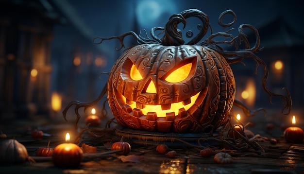 Straszna noc Halloween, świecące latarnie dyniowe oświetlają ciemność generowaną przez sztuczną inteligencję