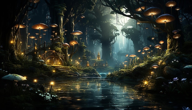 Zdjęcie straszna noc w ciemnym lesie tajemnicze zwierzę oświetla zło generowane przez sztuczną inteligencję