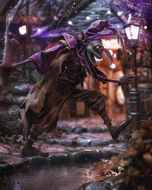 Zdjęcie straszna postać z fioletową peleryną lata przez ciemną aleję