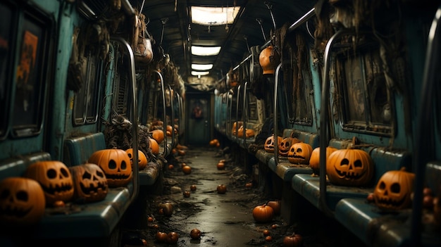 Straszna stacja metra z dyniami i dekoracjami na Halloween