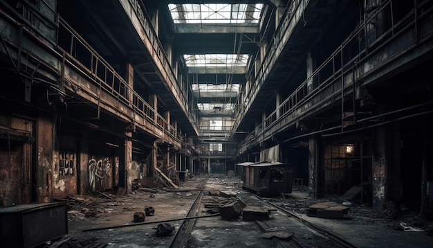 Straszna stara fabryka opuszczona i zrujnowana zardzewiałym bałaganem wygenerowanym przez sztuczną inteligencję