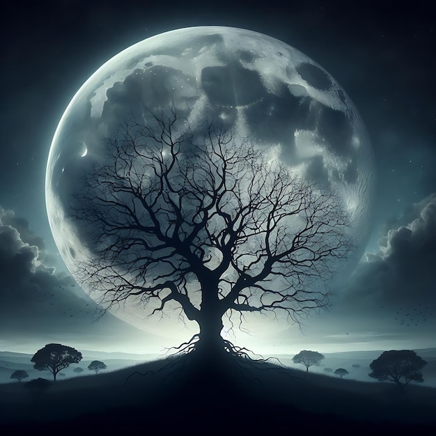 Straszne drzewo na tle wielkiego księżyca, zdjęcie ciemnego lasu.