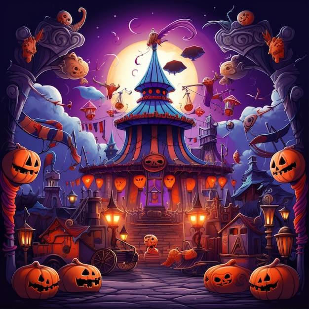 Straszne iluzje karnawałowe CartoonStyle 2D Halloween Circus