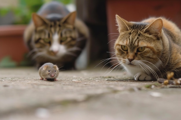 Straszne koty oglądają małą mysz na świeżym powietrzu zabawne zwierzęta polujące na podwórku Koncepcja humoru jedzenie rzuca się na zwierzę