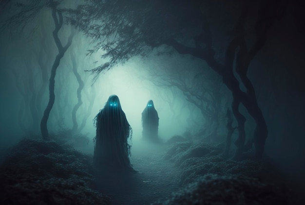 Straszne przerażające duchy w mglistych duchach leśnych ze świecącymi oczami
