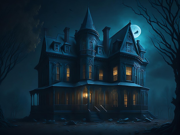 Straszne światło księżyca oświetla opuszczoną farmę Halloween, dom upolowanych zwierząt. Generatywna sztuczna inteligencja