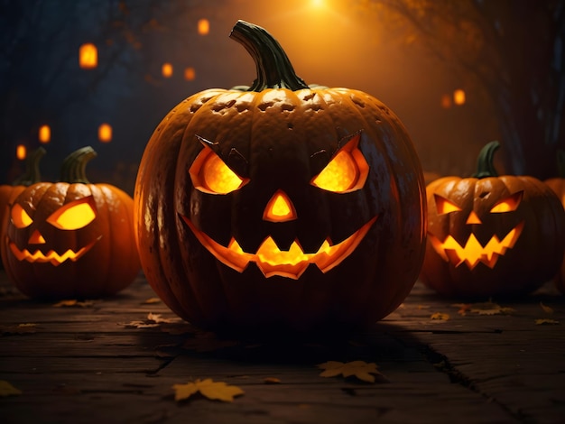 Straszne tło dyni halloween Świecąca twarz Dynia wygenerowana ai