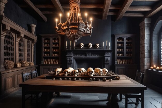 Straszne tło na Halloween Ciemne tło w mistycznym wnętrzu średniowiecznego zamku pokój z drewnianym stołem z czaszkami i kośćmi na starożytnym kamiennym murze z drzwiami Kopiuj przestrzeń tekst miejsce