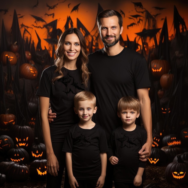 Straszne tradycje rodzinne obejmujące Halloween ze stylowymi, całkowicie czarnymi koszulkami jako rodzina