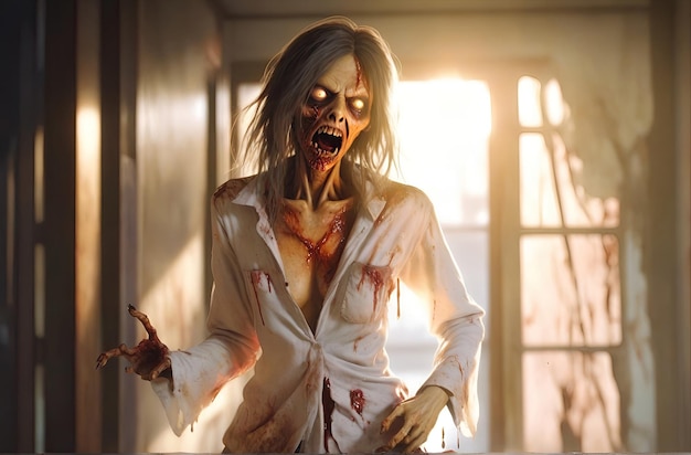Straszne zombie z krwawą twarzą Zombie apokalipsa horda scena