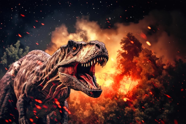 Straszny dinozaur Tyrannosaurus Trex z otwartymi, ogromnymi ustami i potężnymi zębami, prehistoryczny potwór.